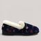 Grundy's Shoes Panda Emille navy microsuede slipper with floral embroidery, white faux wool trim, and rubber sole.