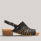 Grundy's Shoes Cabello Alaca black leather sandal with laser-cut upper, adjustable slingback strap, and block heel.