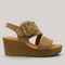 Grundy's Shoes Gabor 84771 tan suede wedge sandal with a woven-look platform sole and decorative buckle strap.