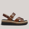 Grundy's Shoes Rieker V7951 brown leather sandals with crossover straps, buckle detail, and striped platform sole.