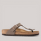 Grundy's Shoes taupe Birkibuc Birkenstock Gizeh thong sandal with adjustable strap and cork footbed.