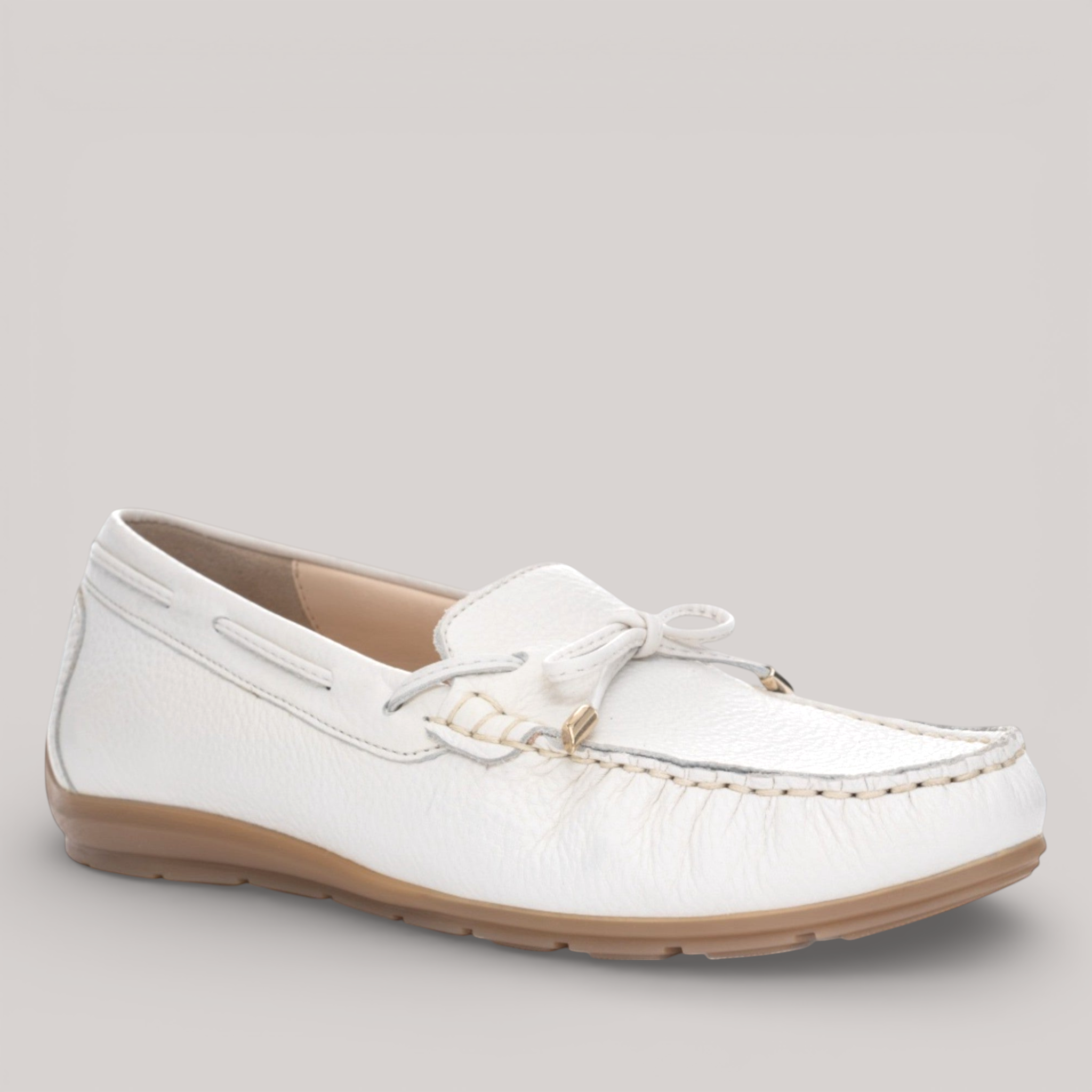 Grundy's Shoes Ara Alabama white leather moccasin loafer with bow detail and comfortable memory sole