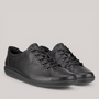 Grundy's Shoes ECCO Soft 2.0 women's black leather lace-up sneakers with a minimalist Scandinavian design.