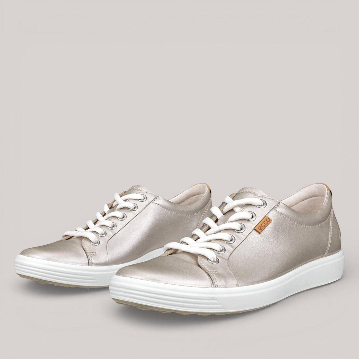 Grundy's Shoes ECCO Soft 7 women's metallic silver leather lace-up sneakers with white soles and textile lining.