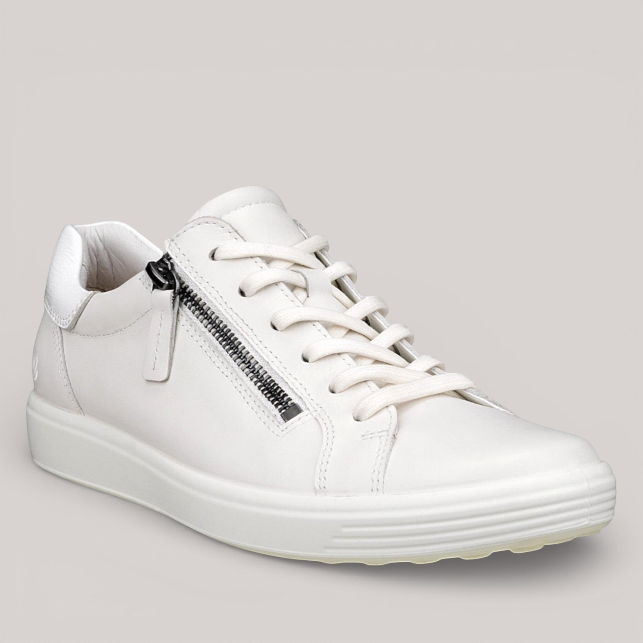Grundy's Shoes ECCO Soft 7 women's white leather sneaker with side zip closure and flexible sole