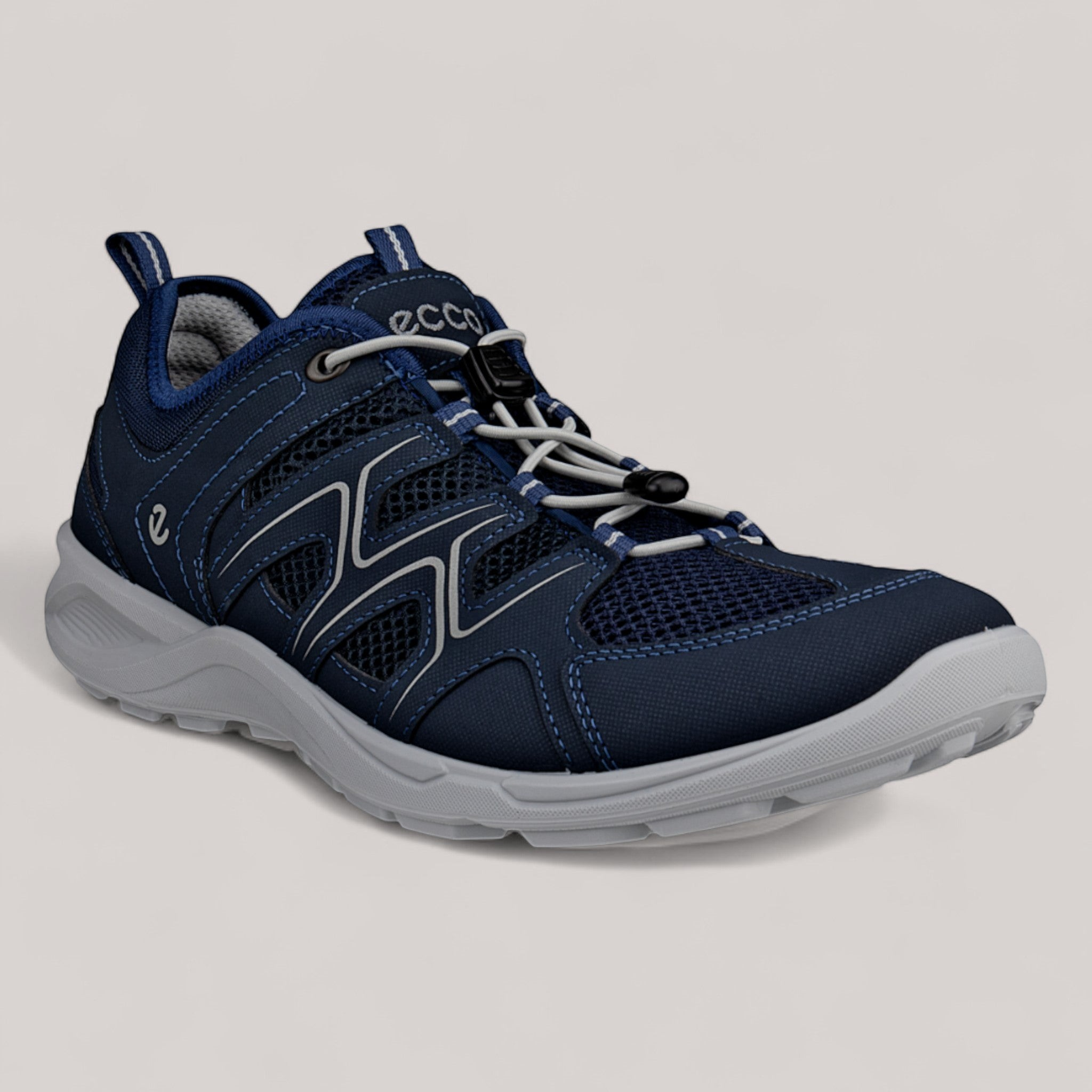Grundy's Shoes ECCO Terracruise men's navy blue mesh walking shoe with elastic speed laces and grey flared sole.