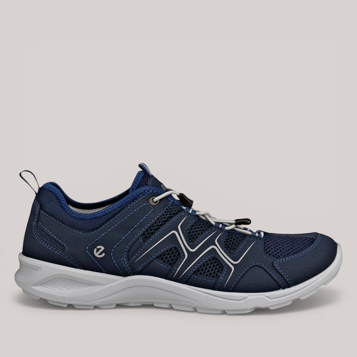 Grundy's Shoes ECCO Terracruise men's navy blue mesh walking shoe with elastic laces and a supportive flared sole.