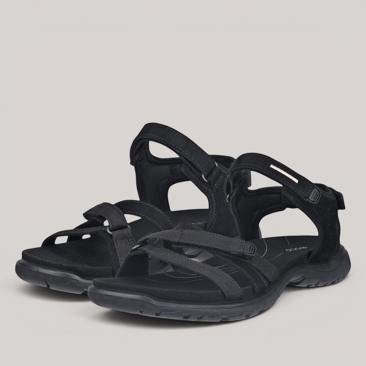 Grundy's Shoes ECCO Offroad Roam women's black nubuck and textile sandals with adjustable straps and rubber outsole.