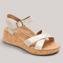 Grundy's Shoes Aetrex Flora silver leather wedge sandals with adjustable cross straps and cork-style footbed.