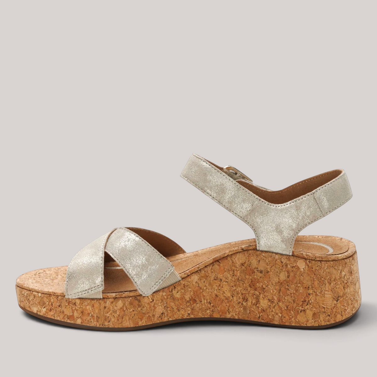 Grundy's Shoes Aetrex Flora metallic silver leather wedge sandal with adjustable cross straps and cork platform sole