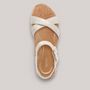 Grundy's Shoes Aetrex Flora silver leather sandals with adjustable cross straps and a cushioned cork footbed.