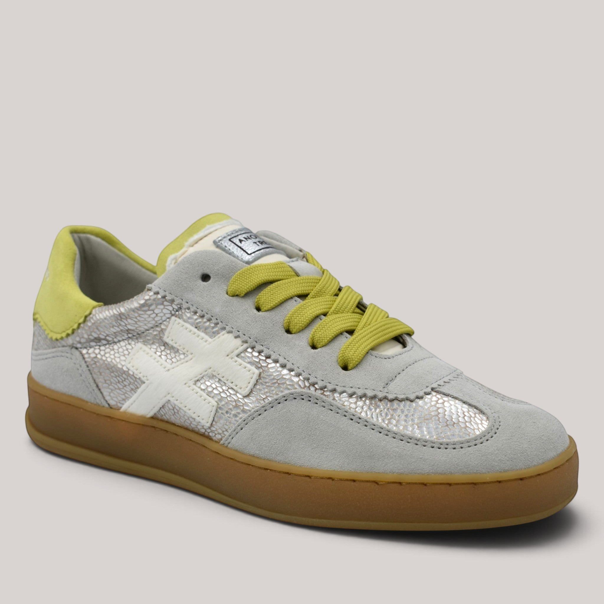 Grundy's Shoes Another Trend Iconic II trainers in grey suede and metallic leather with vibrant lime green accents.