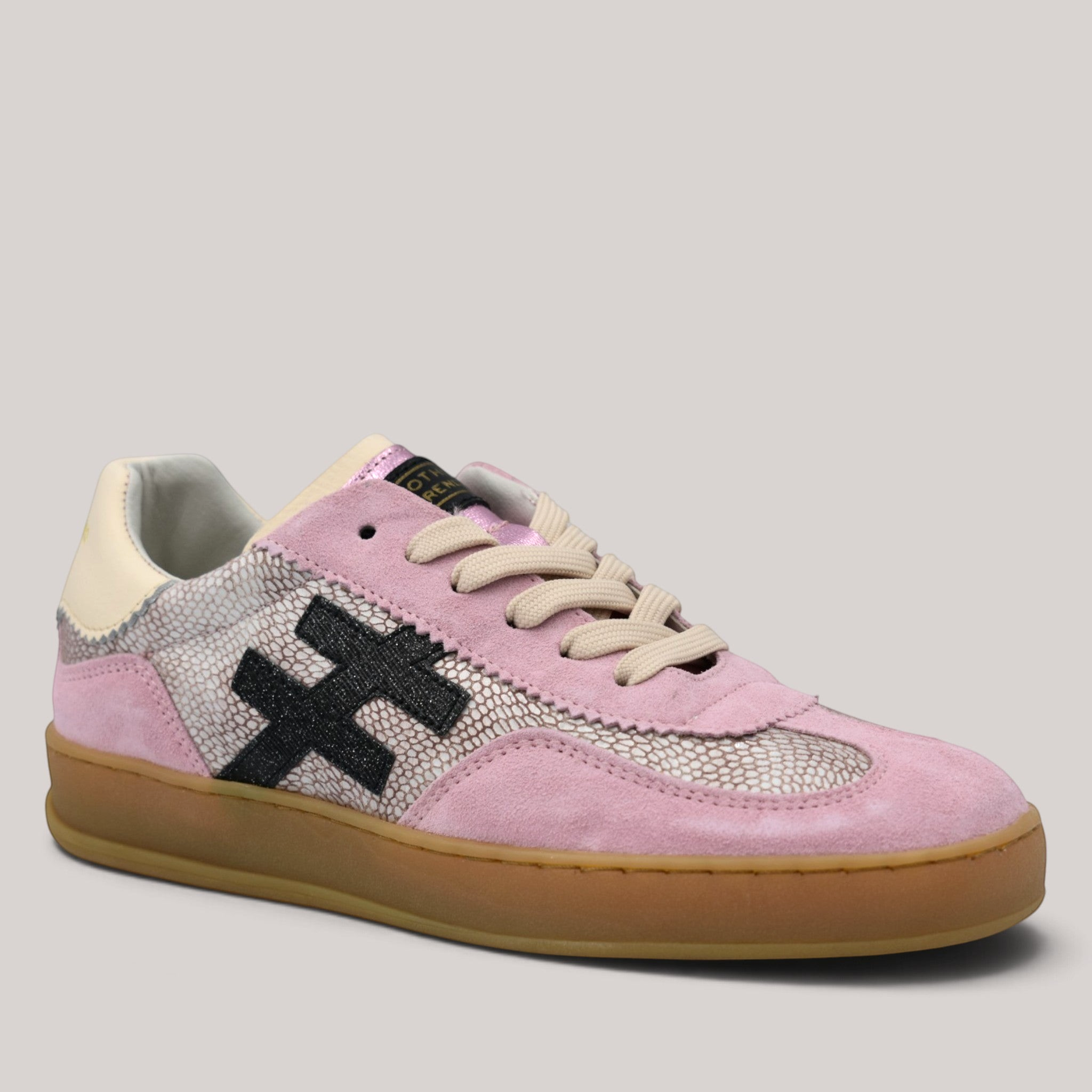Grundy's Shoes Another Trend Iconic II trainers in pink suede and snakeskin-textured leather with a black side logo.