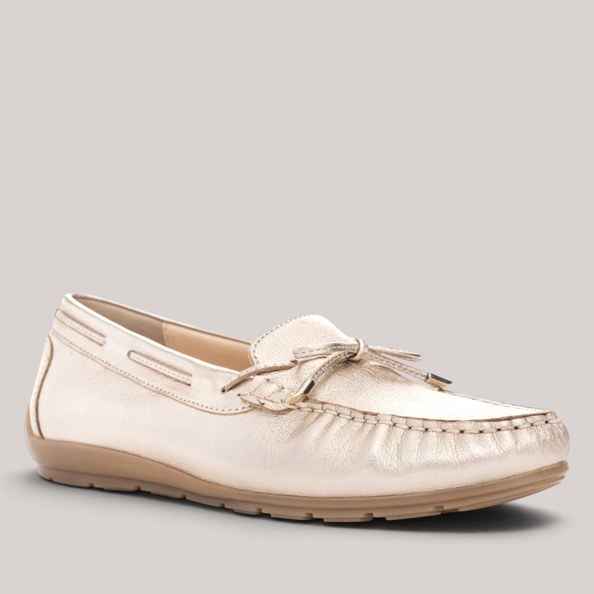 Grundy's Shoes Ara Alabama metallic platinum leather loafer with hand-sewn moccasin detail and comfortable flat sole