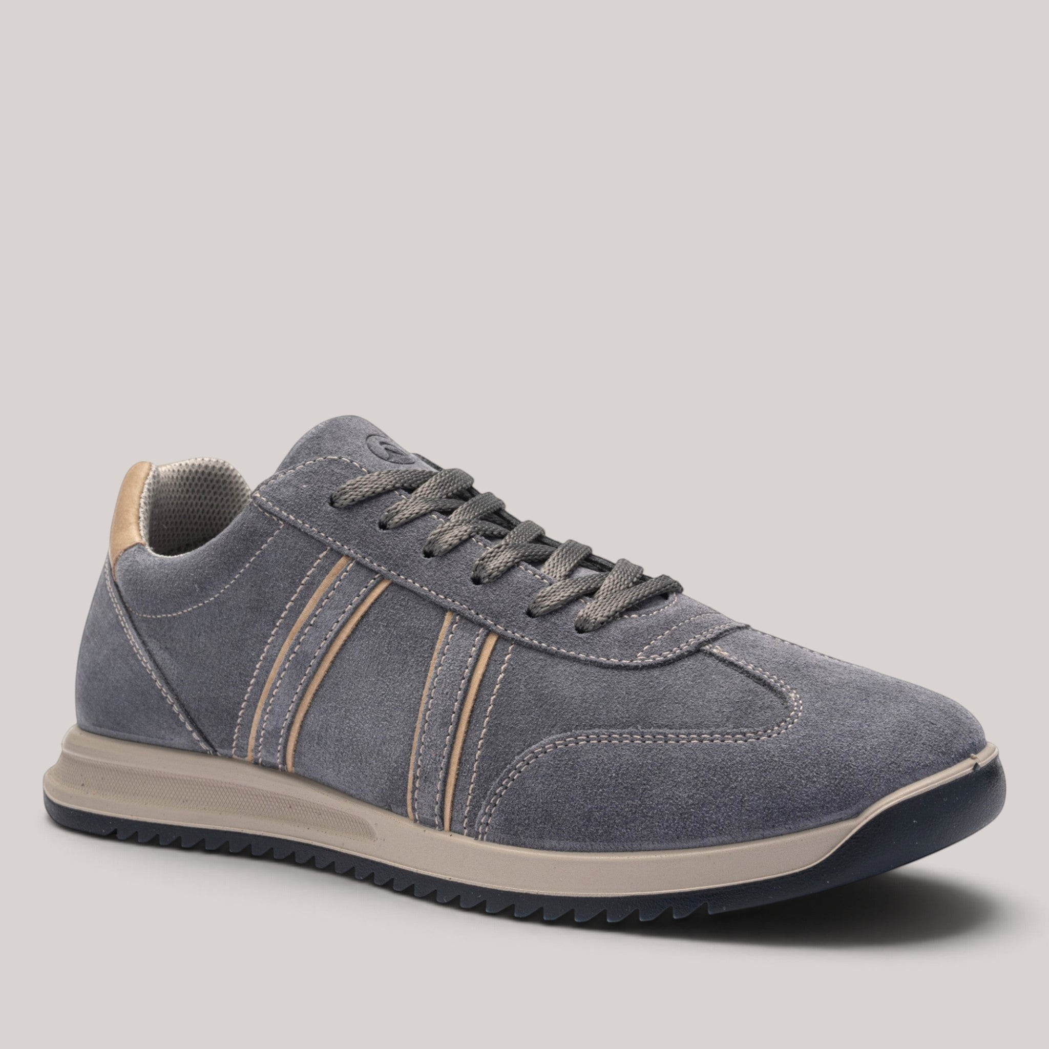 Grundy's Shoes Ara Tino grey nubuk leather sneaker with tan accents, fabric lining, and durable rubber sole.