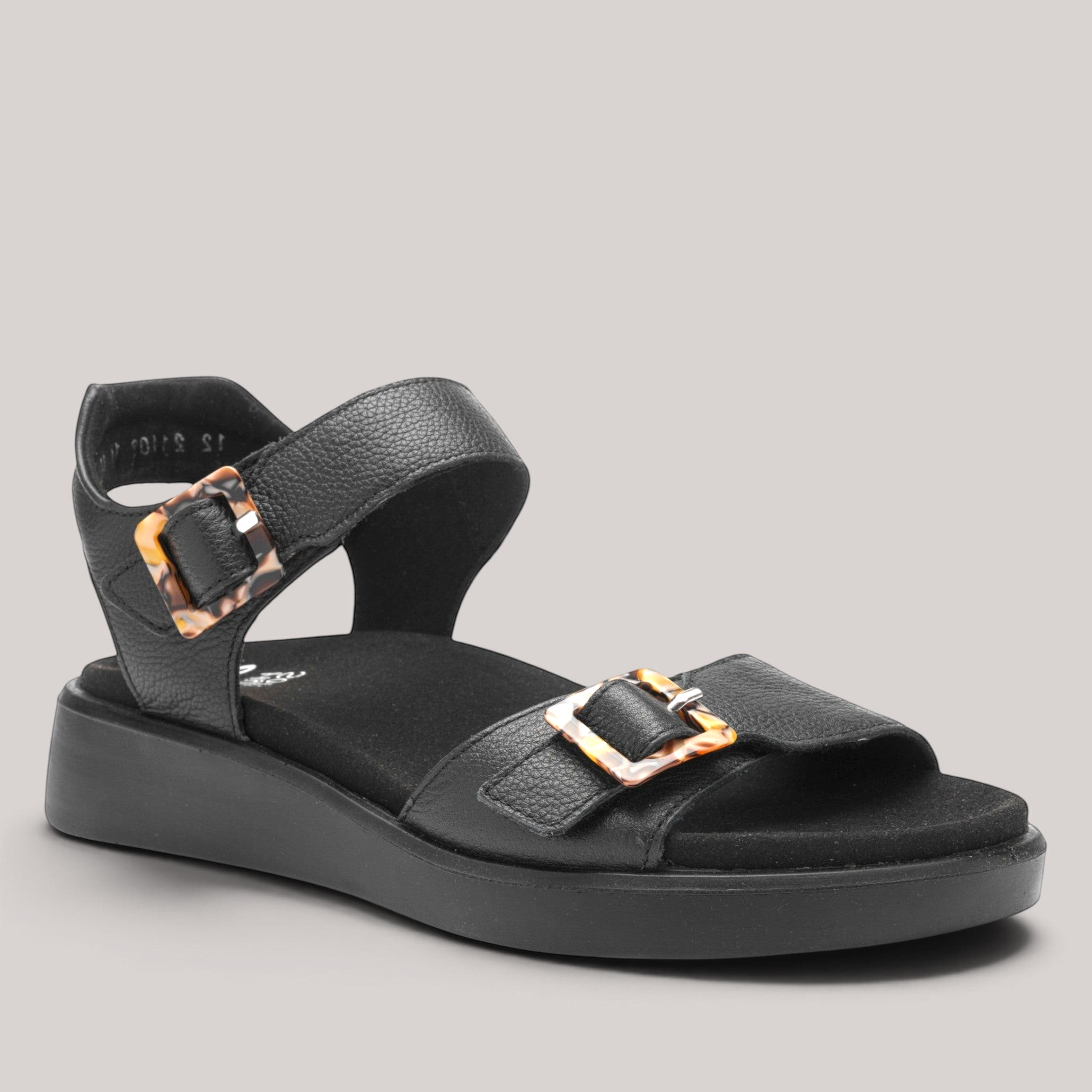 Grundy's Shoes Ara Madeira black leather wedge sandals with decorative tortoiseshell square buckles and Velcro straps.