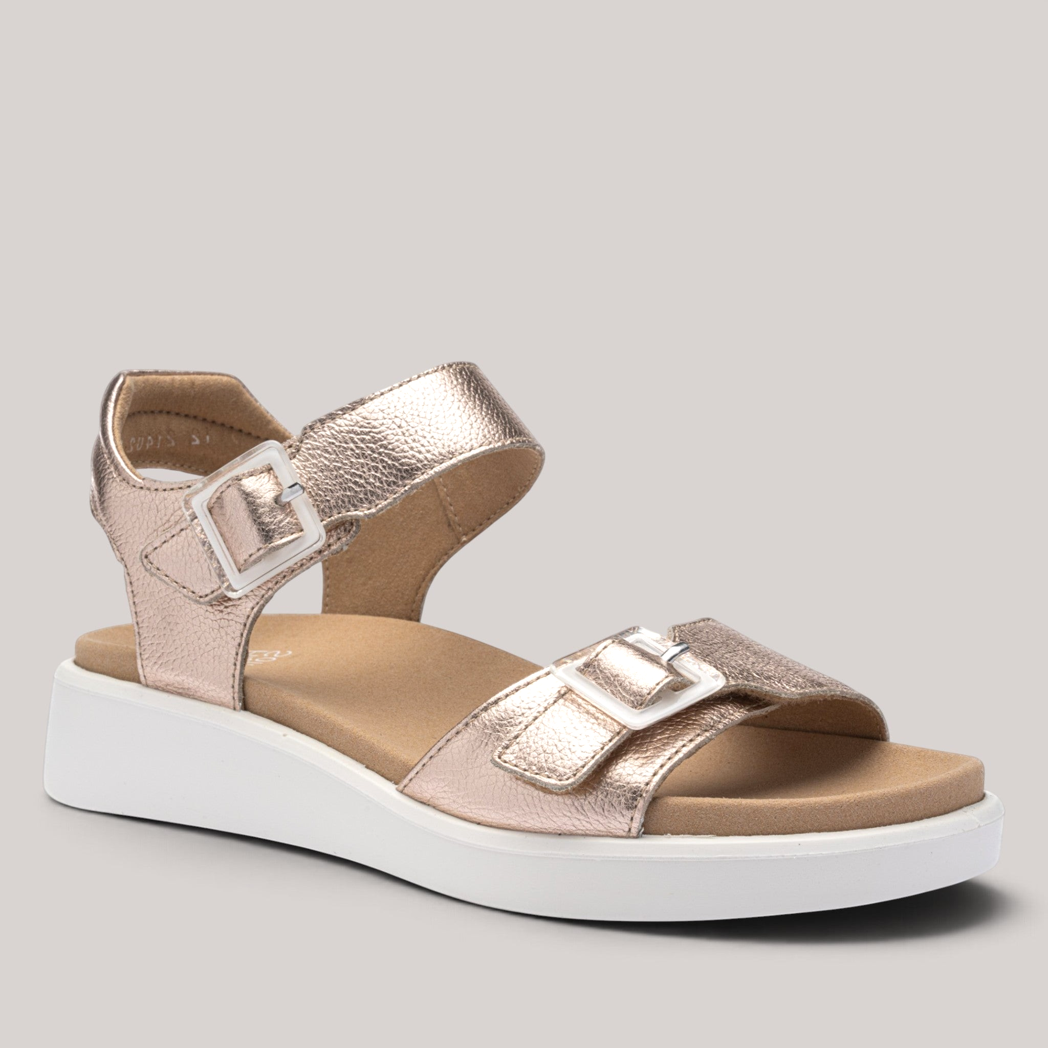 Grundy's Shoes Ara Madeira metallic rose gold leather wedge sandal with adjustable Velcro straps and square buckles.