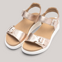 Grundy's Shoes Ara Madeira metallic rose gold leather sandals with white wedge soles and decorative buckles.