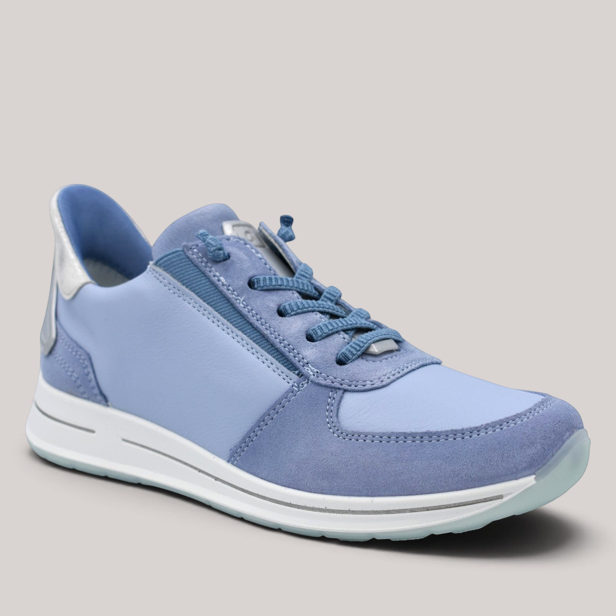 Grundy's Shoes Ara Osaka 2.0 light blue leather and suede sneaker with elastic laces and white rubber sole