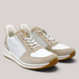 Grundy's Shoes Ara Osaka 2.0 white and beige leather sneakers with elastic laces and durable rubber soles.