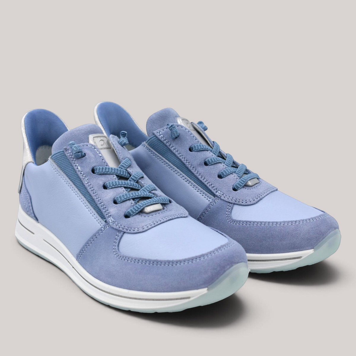 Grundy's Shoes Ara Osaka 2.0 blue leather and suede sneakers with elastic laces and durable rubber soles.
