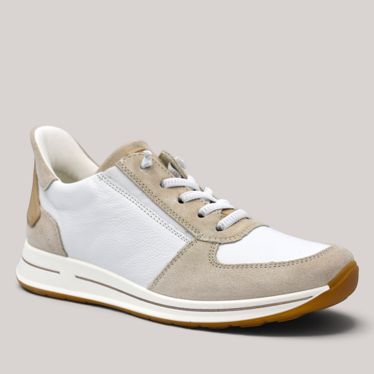 Grundy's Shoes Ara Osaka 2.0 white and beige leather sneaker with elastic laces and durable rubber sole