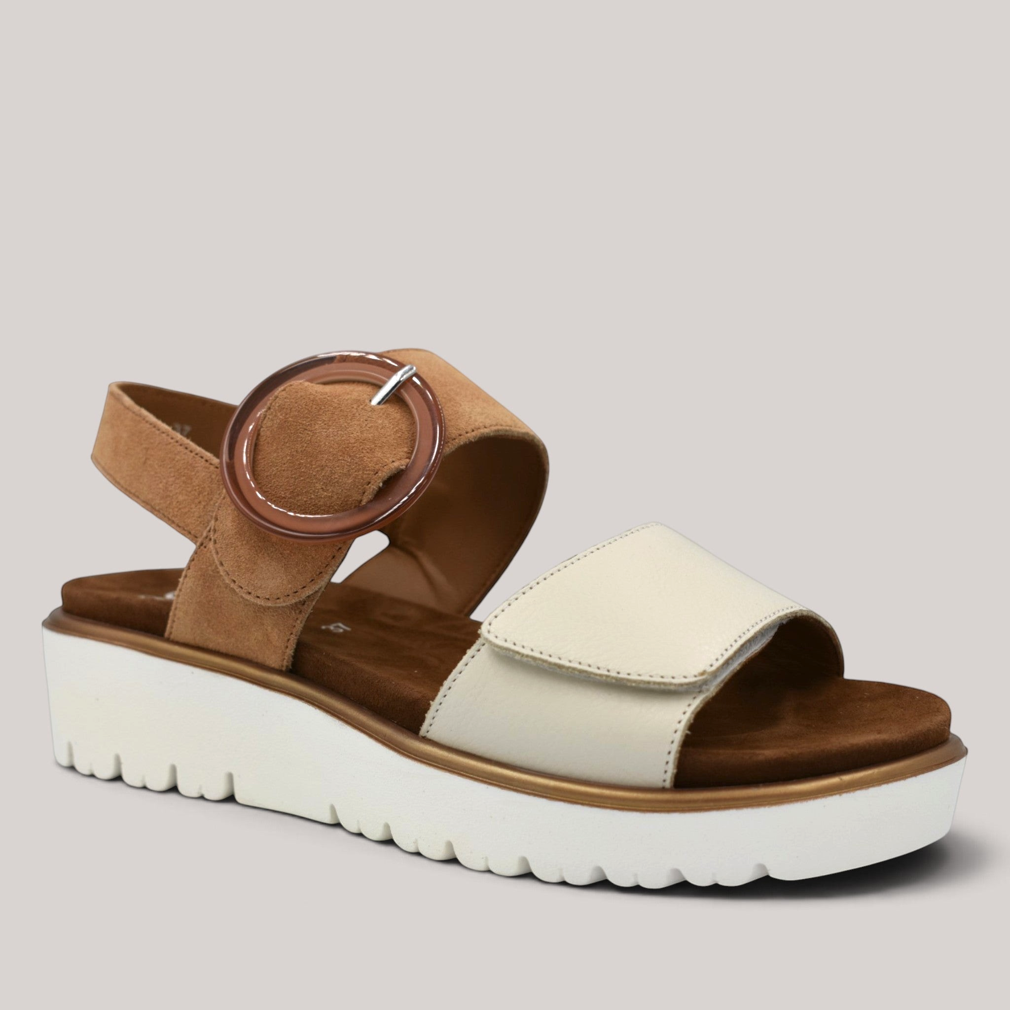 Grundy's Shoes Ara Bilboa sandal in tan suede and cream leather with a decorative buckle and white platform sole.