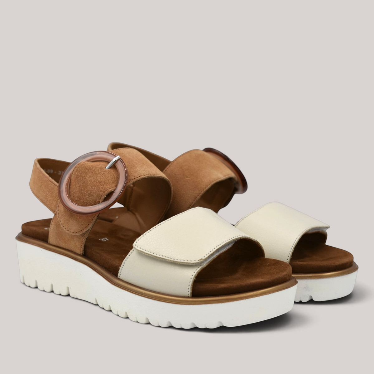 Grundy's Shoes Ara Bilboa sandals in tan suede and cream leather with dual velcro straps and decorative buckles.