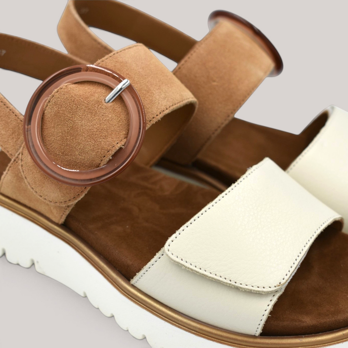 Grundy's Shoes Ara Bilboa sandals in tan suede and cream leather with decorative buckles and white platform soles.