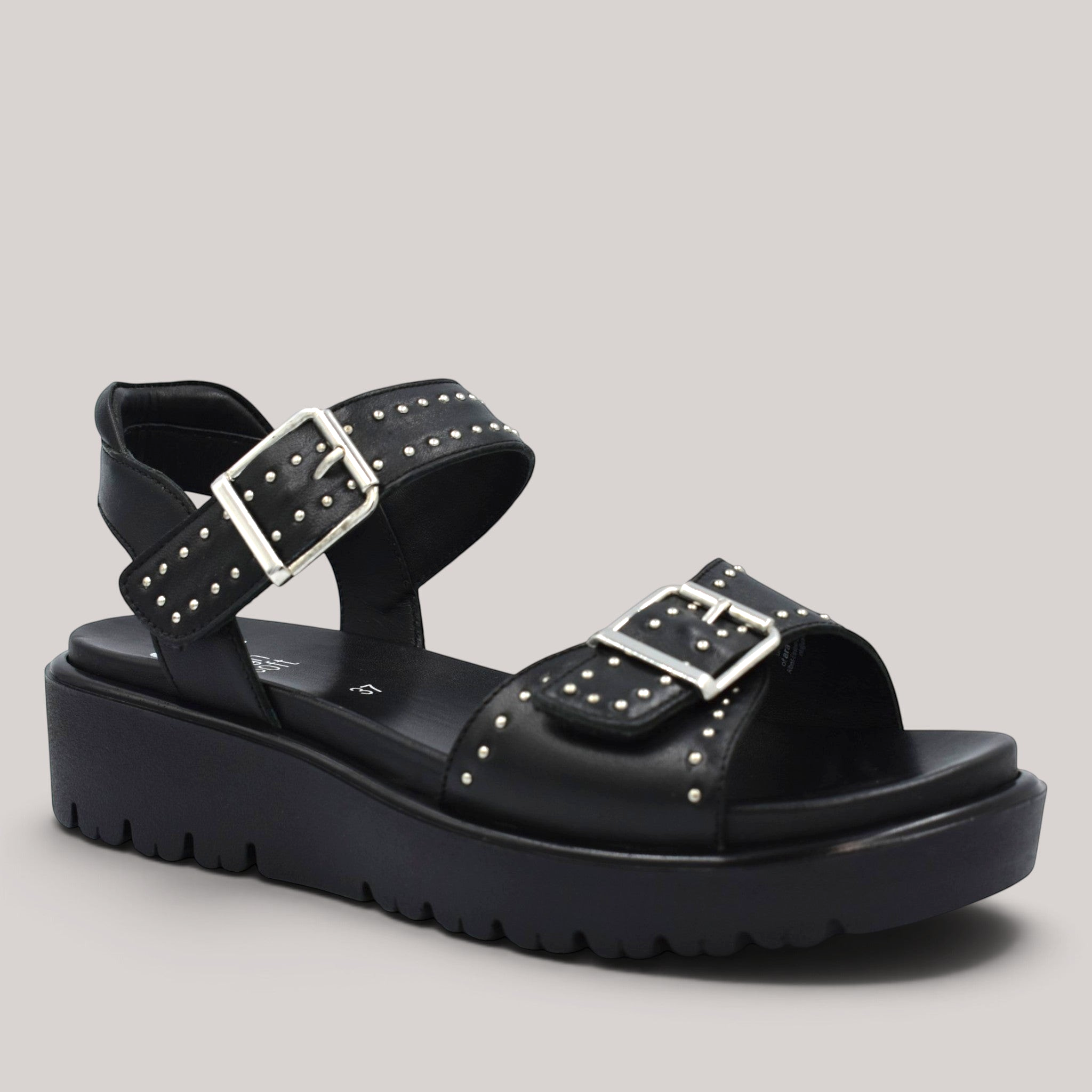Grundy's Shoes Ara Bilboa black leather wedge sandals with silver rivet embellishments and adjustable buckle straps.