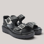 Grundy's Shoes Ara Bilboa black leather wedge sandals with silver rivet embellishments and adjustable Velcro straps.