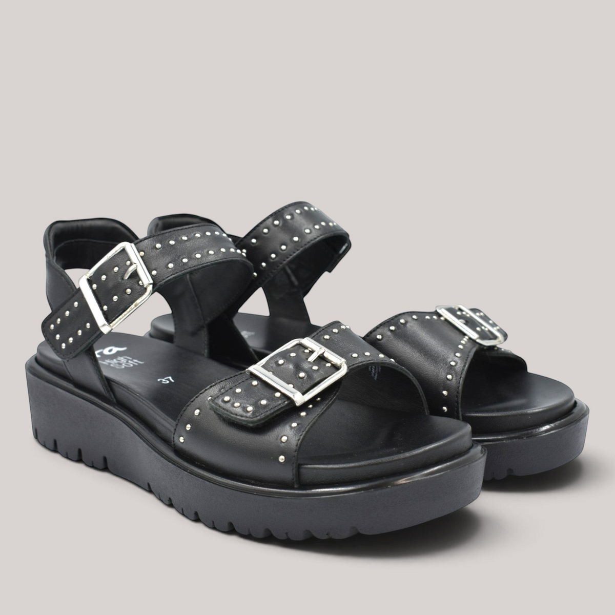 Grundy's Shoes Ara Bilboa black leather wedge sandals with silver rivet embellishments and adjustable Velcro straps.