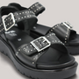 Grundy's Shoes Ara Bilboa black leather wedge sandals with silver rivet embellishments and adjustable buckle straps.