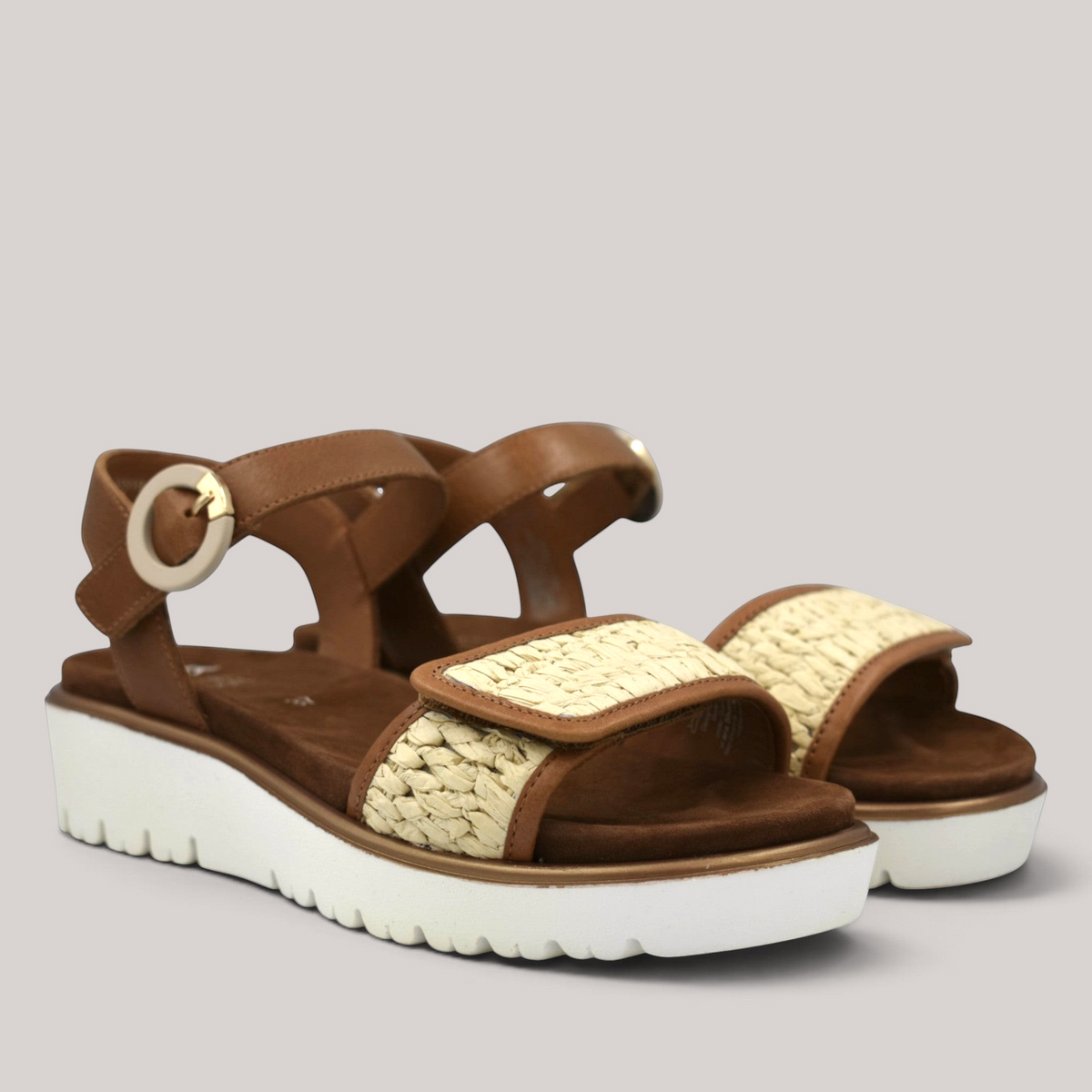 Grundy's Shoes Ara Bilboa brown leather wedge sandals with raffia woven strap detail and adjustable velcro fasteners.