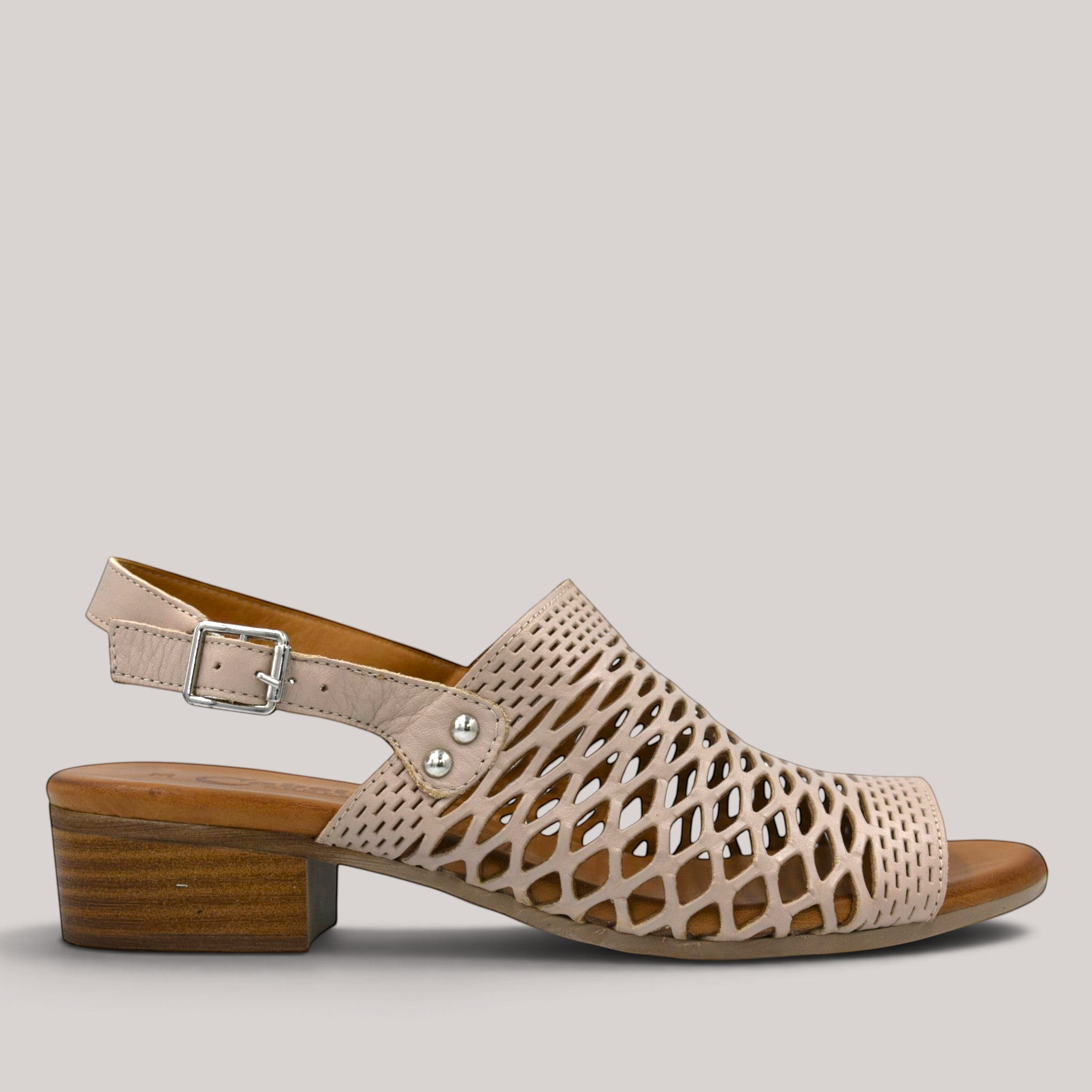 Grundy's Shoes Cabello Alaca beige laser-cut leather sandal with a low block heel and adjustable slingback strap