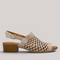 Grundy's Shoes Cabello Alaca beige laser-cut leather sandal with a low block heel and adjustable slingback strap