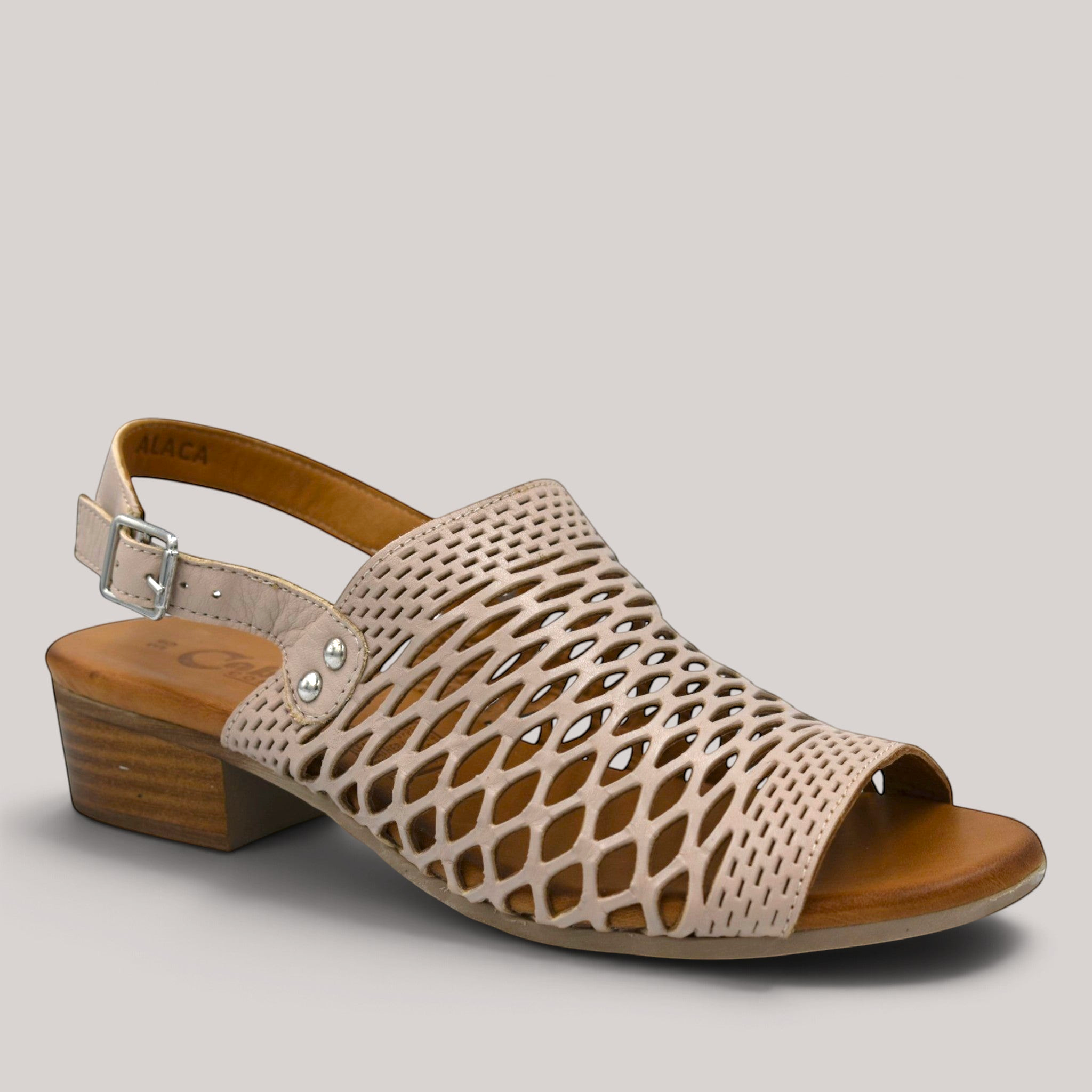 Grundy's Shoes Cabello Alaca beige leather sandal with laser-cut lattice pattern and low block heel