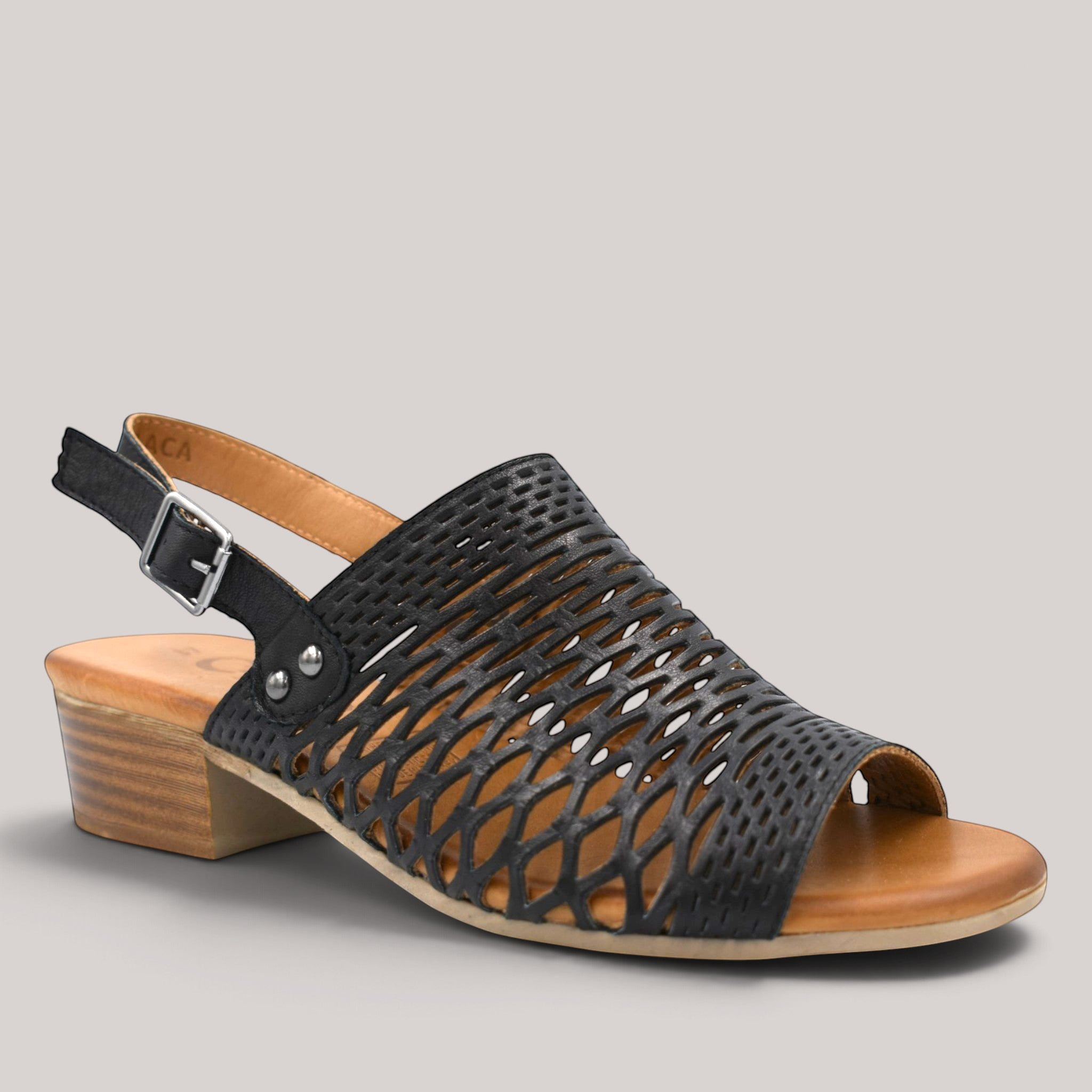 Grundy's Shoes Cabello Alaca black laser-cut leather sandal with an adjustable strap and low block heel.