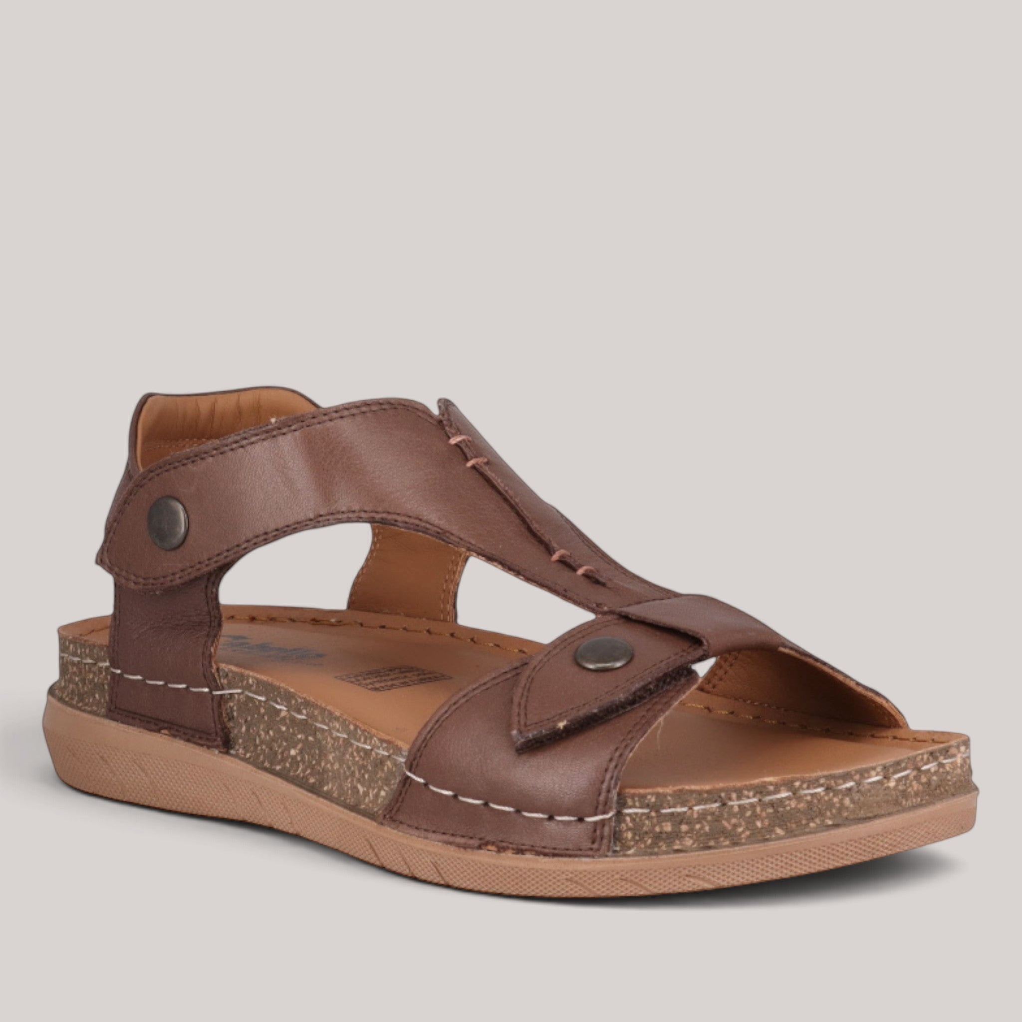 Grundy's Shoes Cabello Cherry brown leather T-bar sandal with adjustable velcro straps and a durable PU sole.