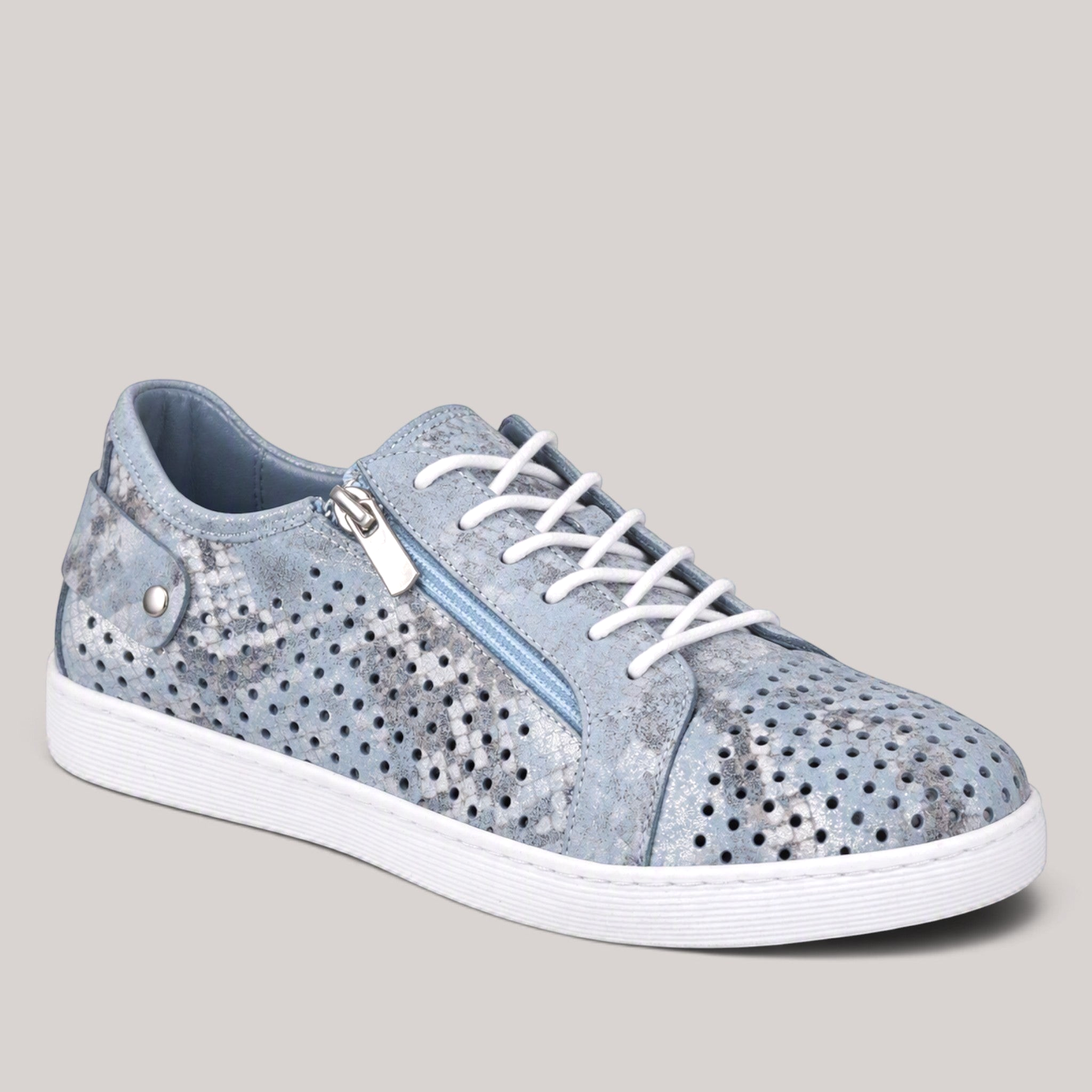 Grundy's Shoes Cabello EG17P blue leather sneaker with perforated snake print, side zip, and white rubber sole.
