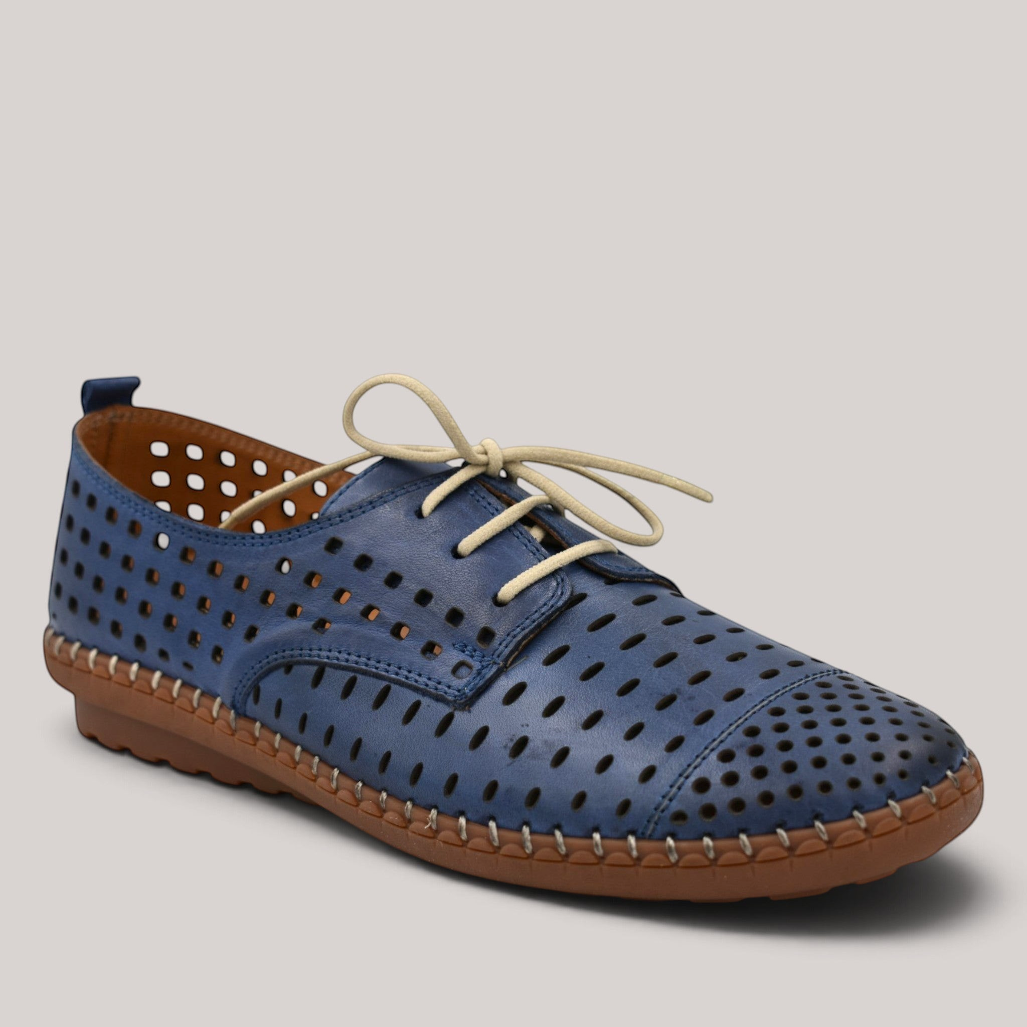 Grundy's Shoes Cabello Kroon blue perforated leather lace-up shoe with contrast stitching and rubber sole
