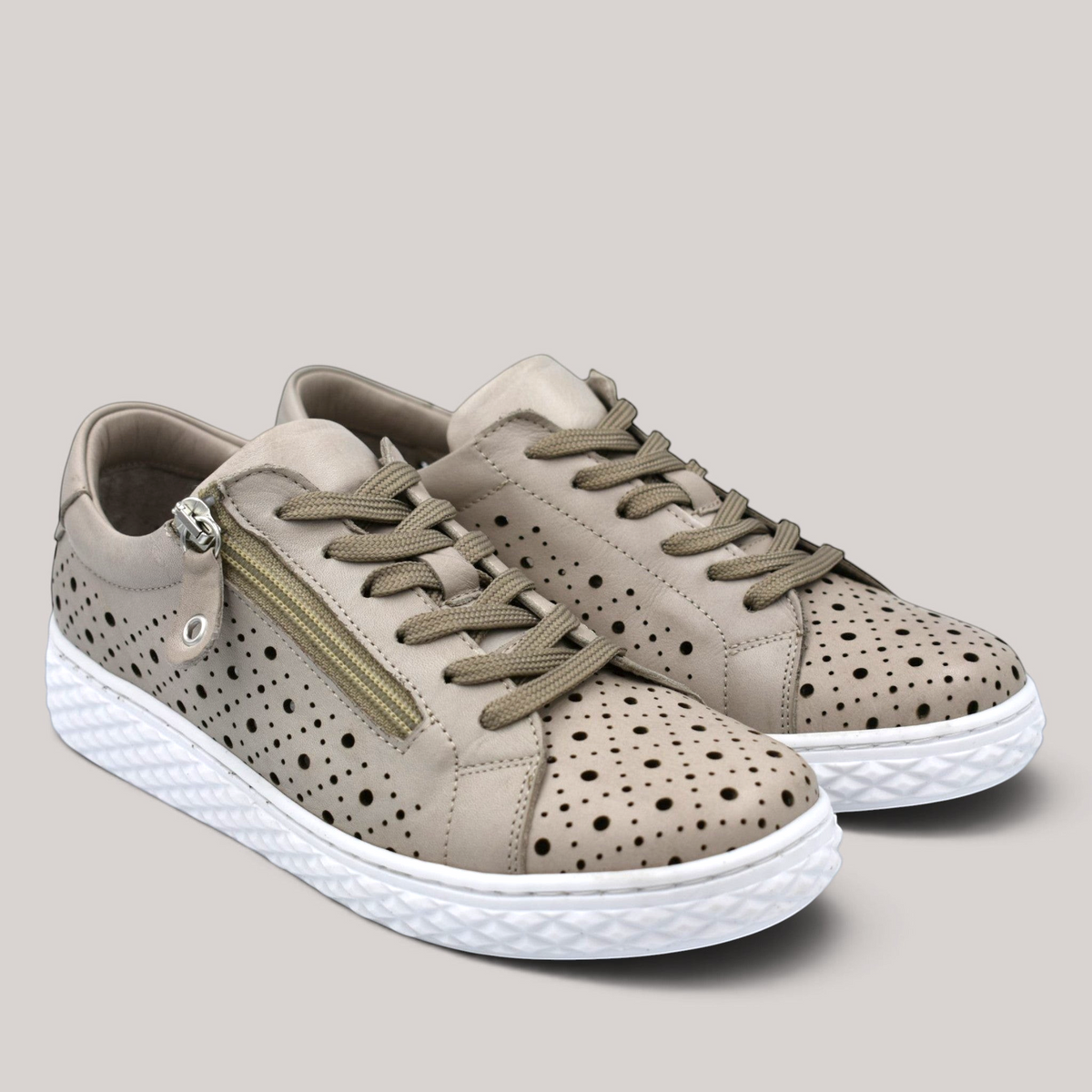 Grundy's Shoes Cabello Uptown taupe perforated leather sneakers with side zip and white rubber sole