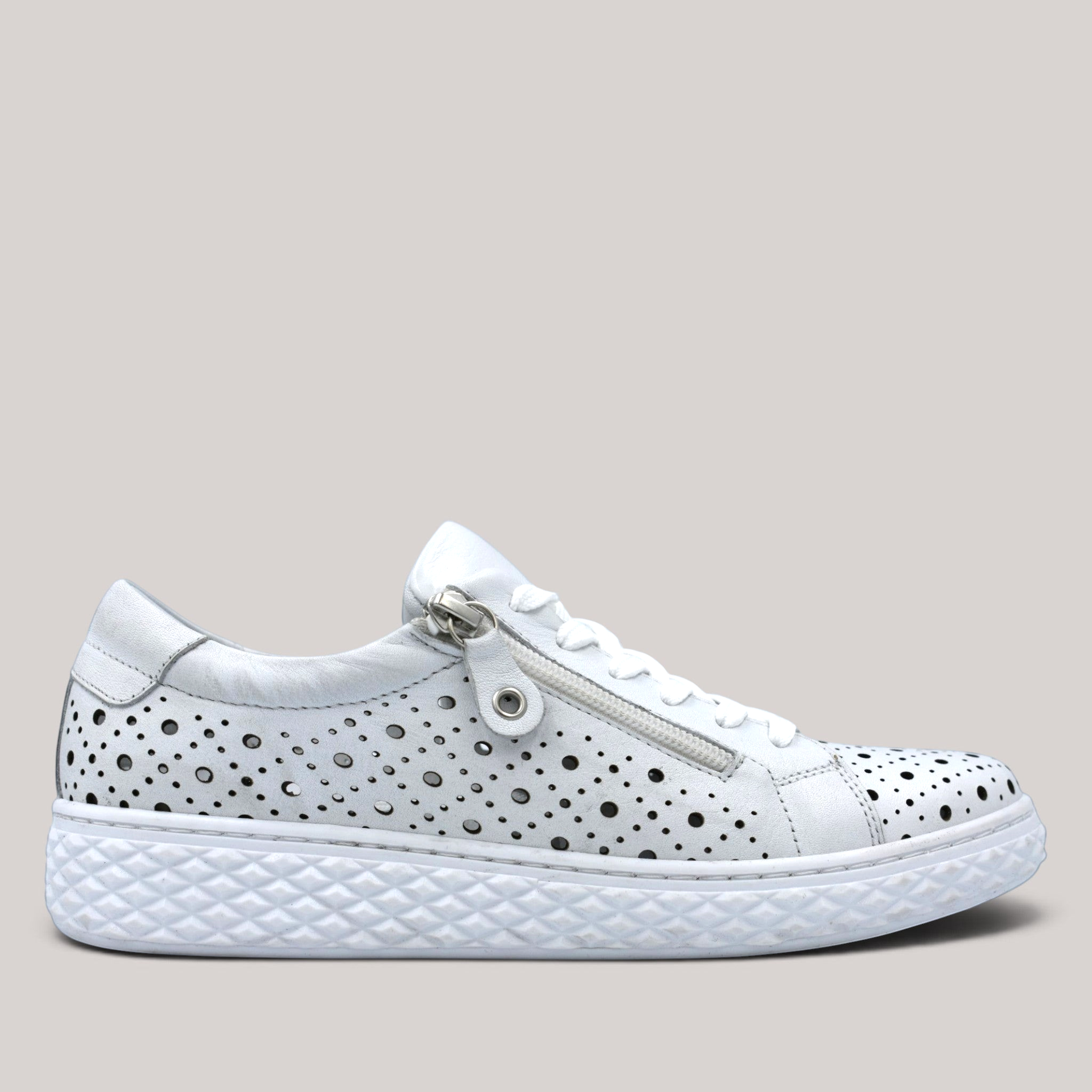 Grundy's Shoes Cabello Uptown white perforated leather sneaker with side zip and textured rubber sole