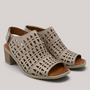 Grundy's Shoes Cabello Wilder beige leather open-toe sandals with punched geometric cutouts and block heel.