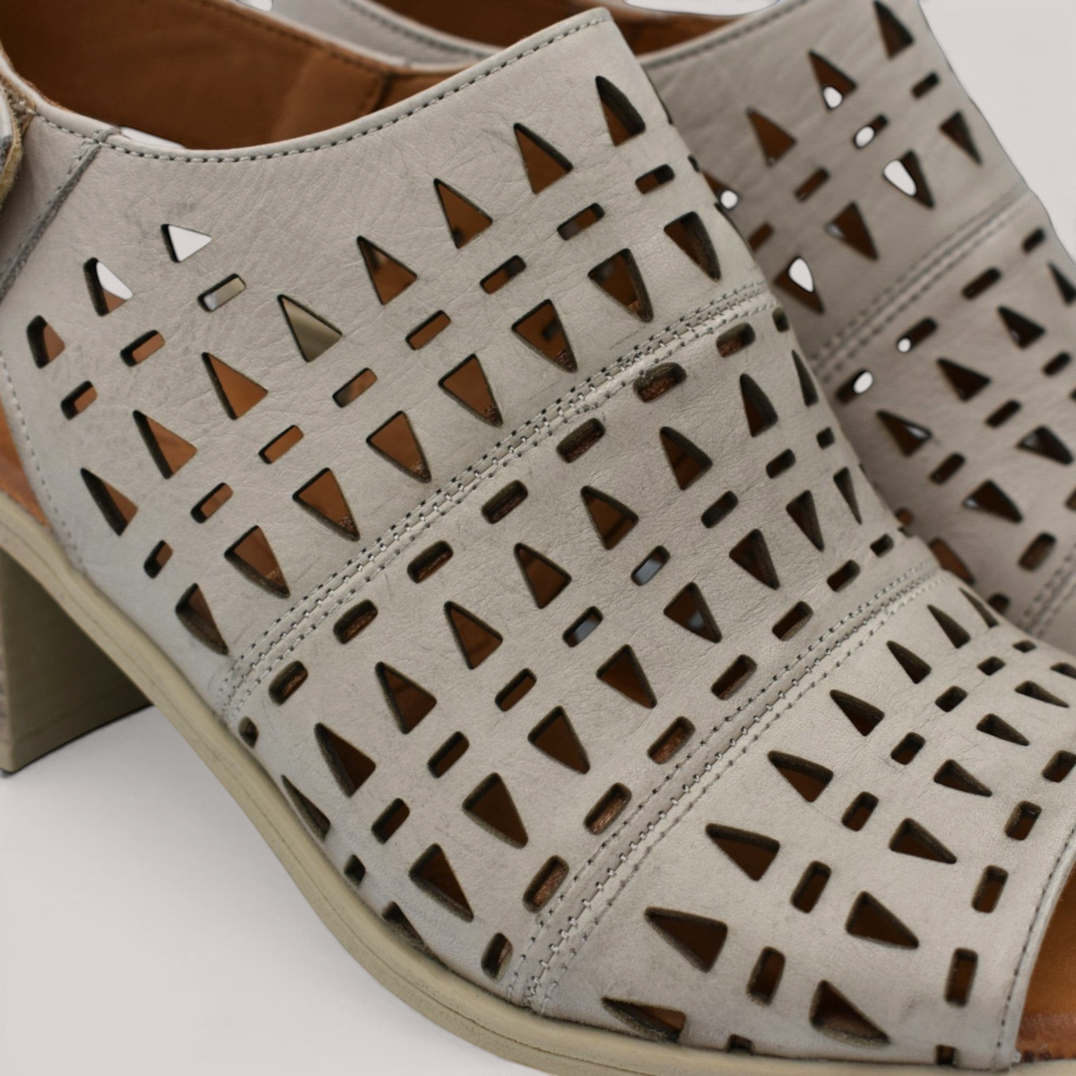 Grundy's Shoes Cabello Wilder grey punched leather mid-heel sandal with square toe and adjustable velcro strap