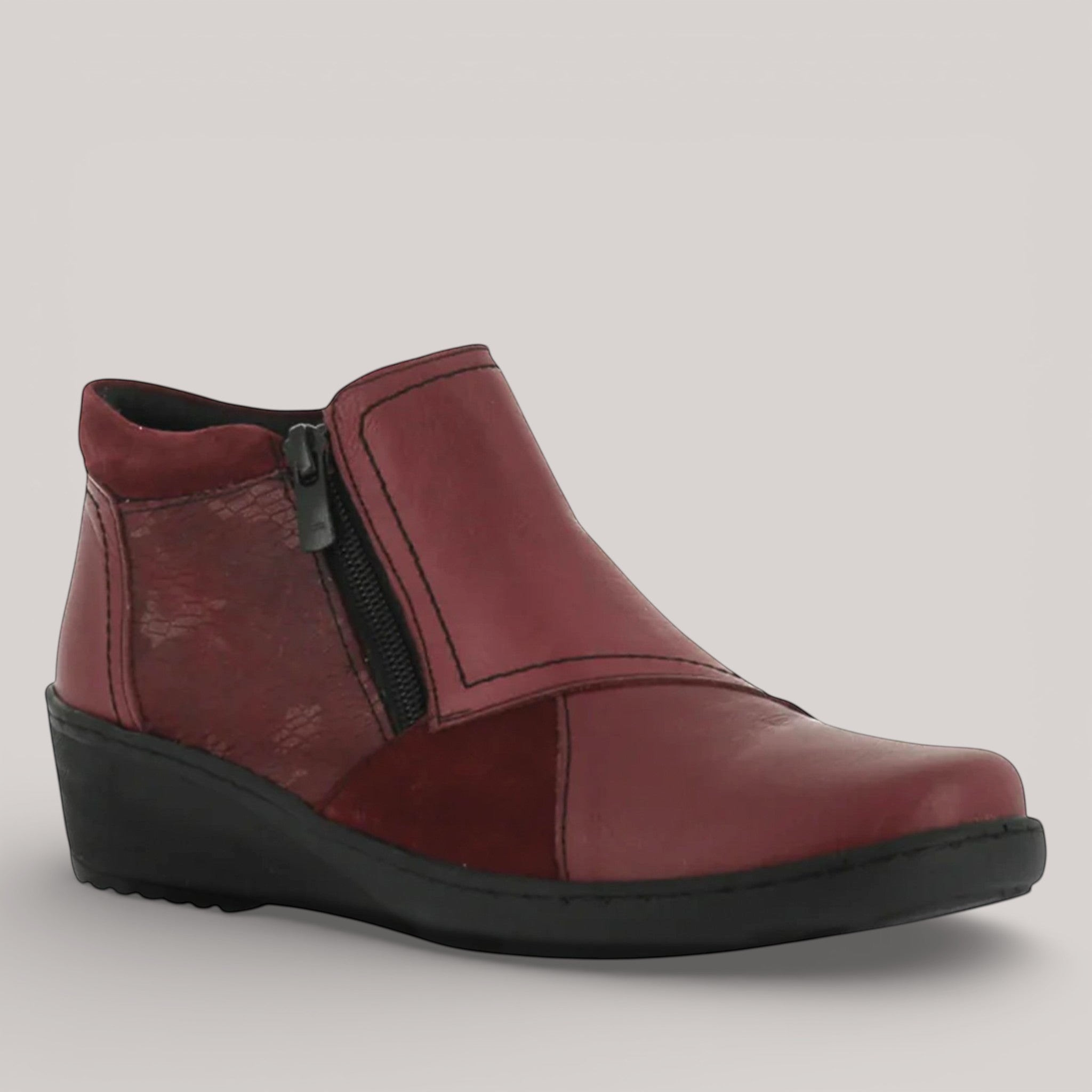 Grundy's Shoes Cabello 462 burgundy leather wedge ankle boot with side zip, elastic gusset, and patterned detailing.