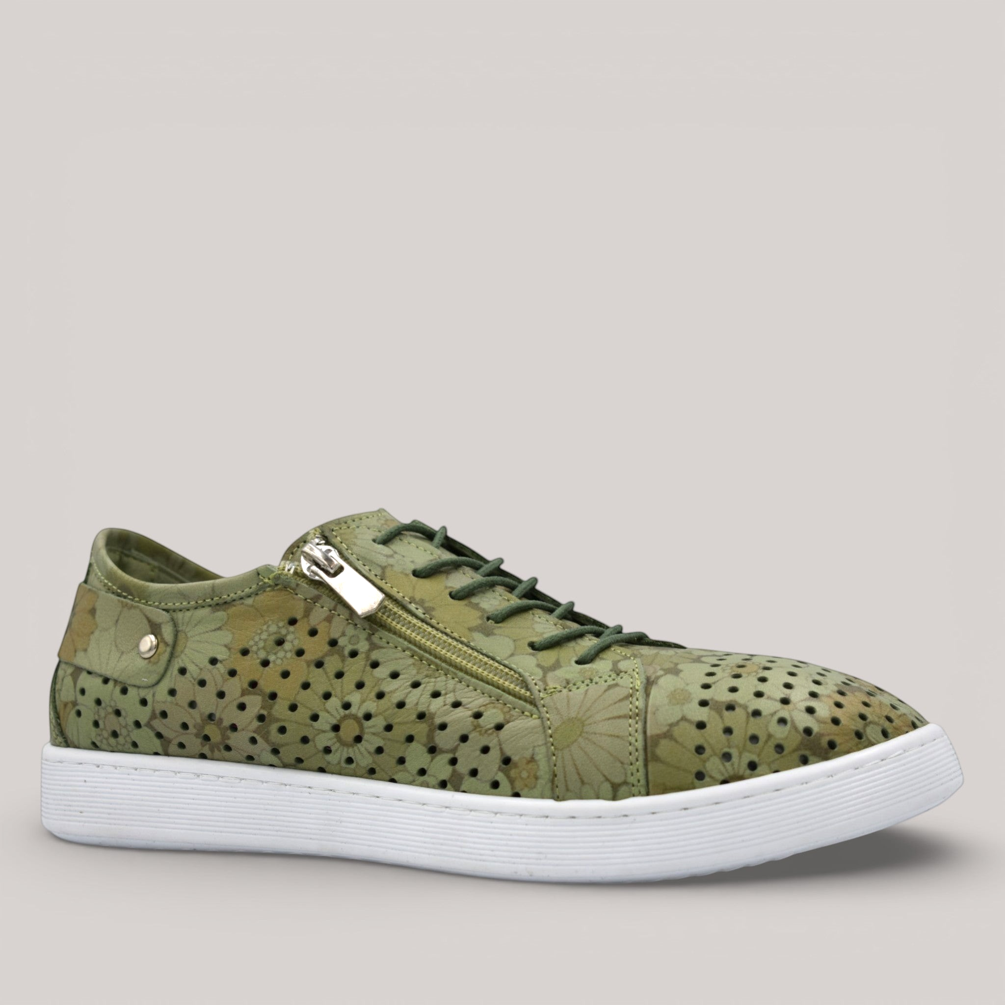 Grundy's Shoes Cabello EG17P olive floral leather sneaker with side zip, lace-up closure, and white rubber sole.
