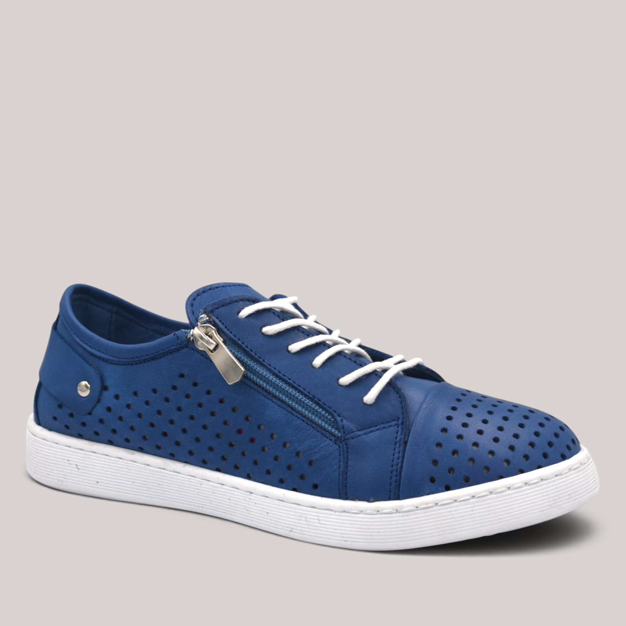 Grundy's Shoes Cabello EG17 blue leather sneaker with perforated upper, side zip, and white laces on a white sole.
