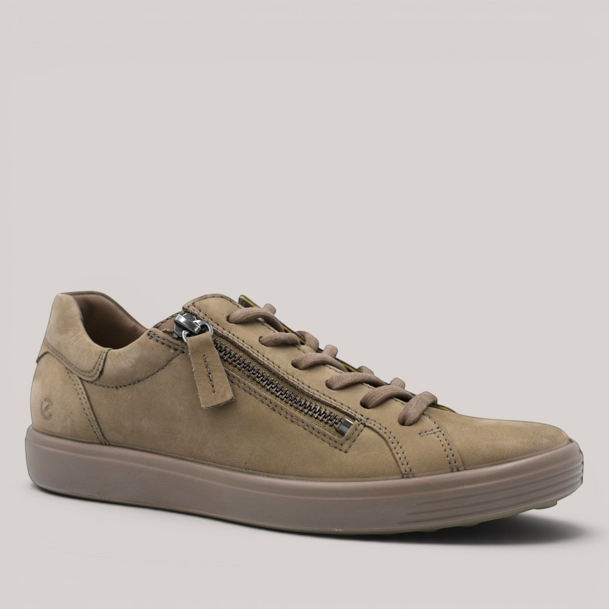 Grundy's Shoes ECCO Soft 7 women's sneaker in taupe full grain leather with side zip and lace-up closure.