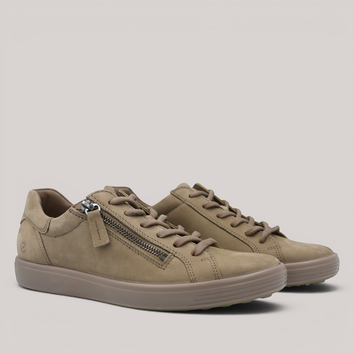 Grundy's Shoes ECCO Soft 7 women's taupe leather sneaker with side zip and lace-up closure.
